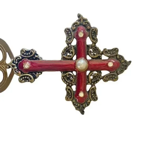 Vintage Bookmark Gold Toned Cross Faux Pearl Faux Diamonds Metal Filigree Base - Picture 13 of 15